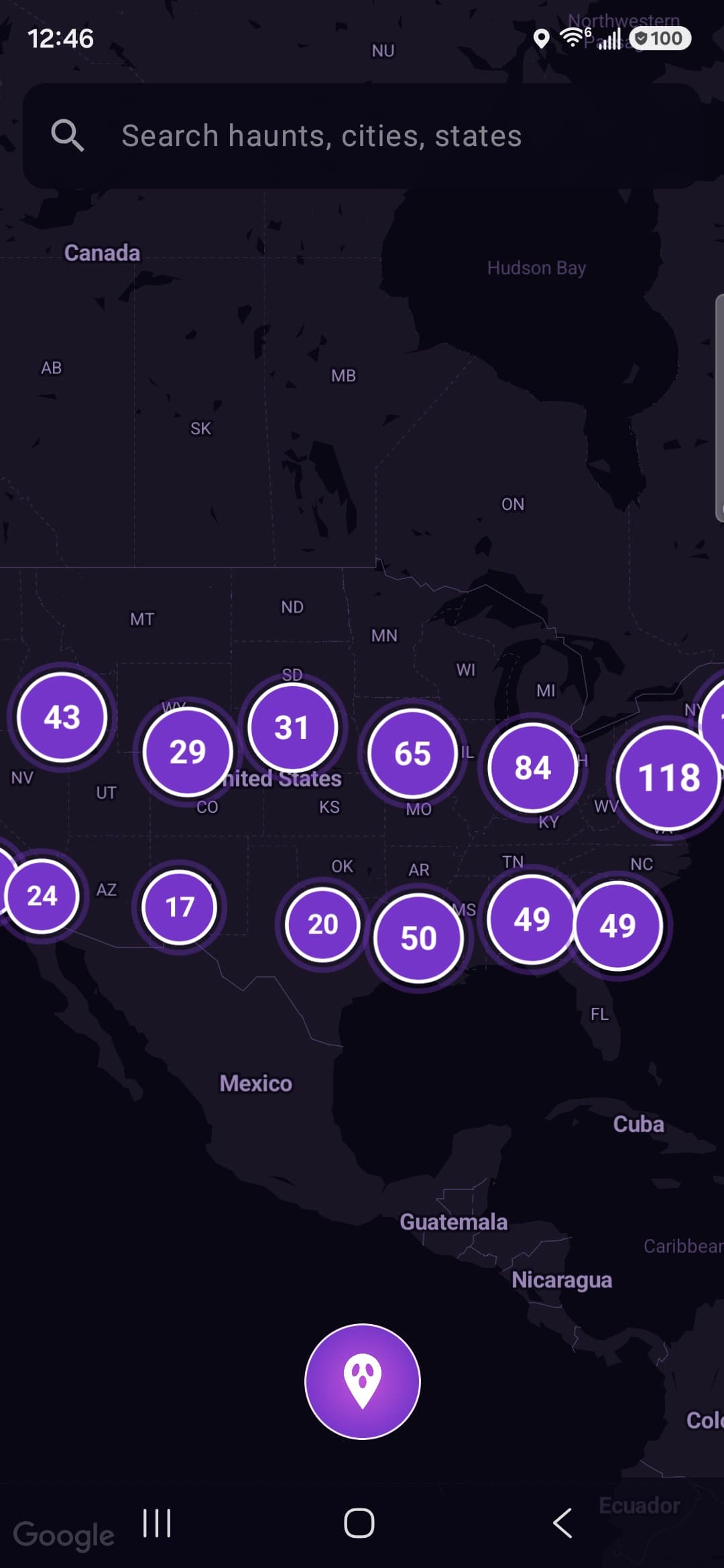 The Paranormal Pitstops map, haunted locations clustered by state across the US.
