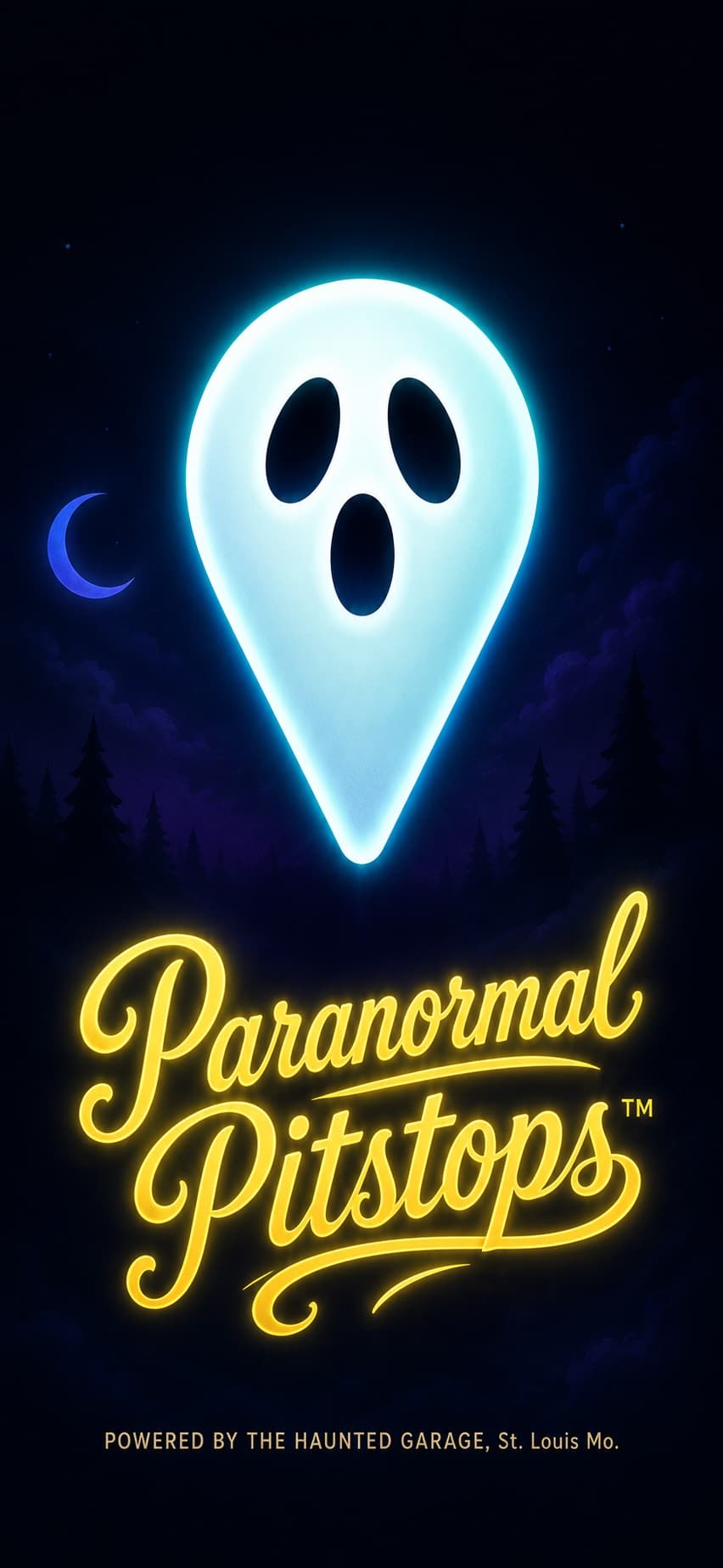 The Paranormal Pitstops app opening screen — a glowing ghost map pin over a moonlit treeline.